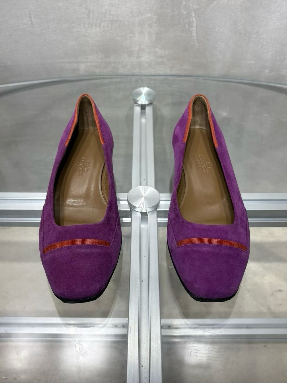 🚩steal Hermes Purple Suede Ballet Flats with Orange Trim